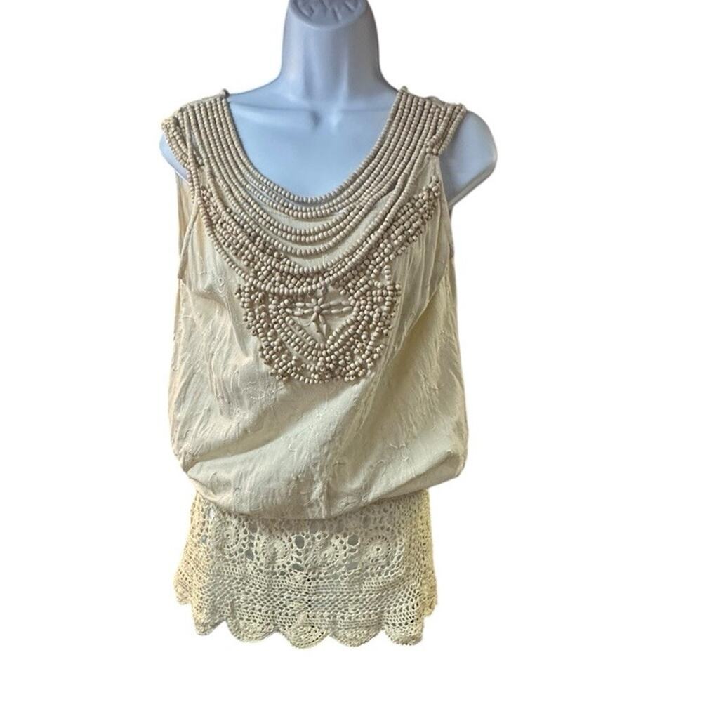 Hazel Anthropologie Ivory Beaded Tank Top Lace Hem Sleeveless Blouse Boho Y2K L